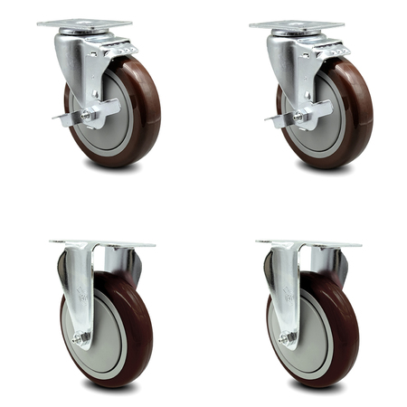 5 Inch Maroon Polyurethane Swivel Top Plate Caster Set with 2 Brakes 2 Rigid SCC -  SERVICE CASTER, SCC-20S514-PPUB-MRN-TLB-2-R514-2